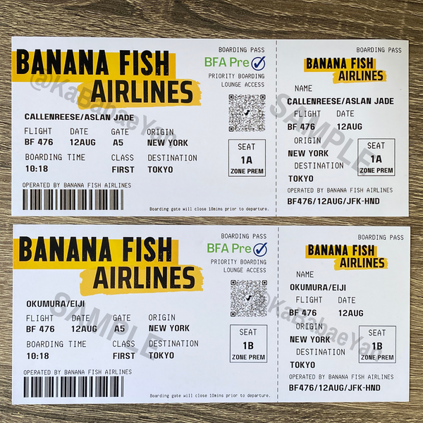 Banana Fish Airplane Boarding Pass Tickets 3.25x7.25"